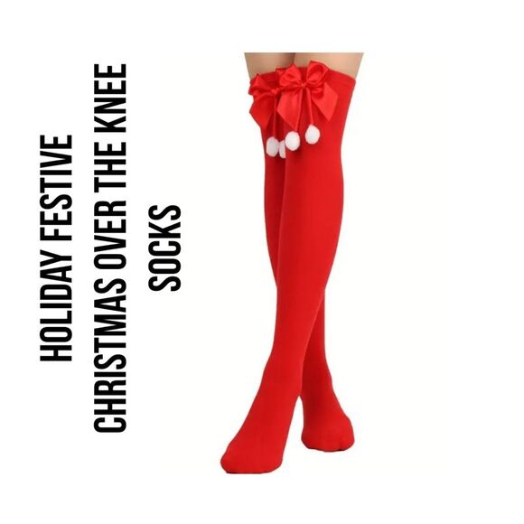 Christmas Solid Red Over-the-Knee Socks With Bow & Pom Poms - Picture 1 of 4